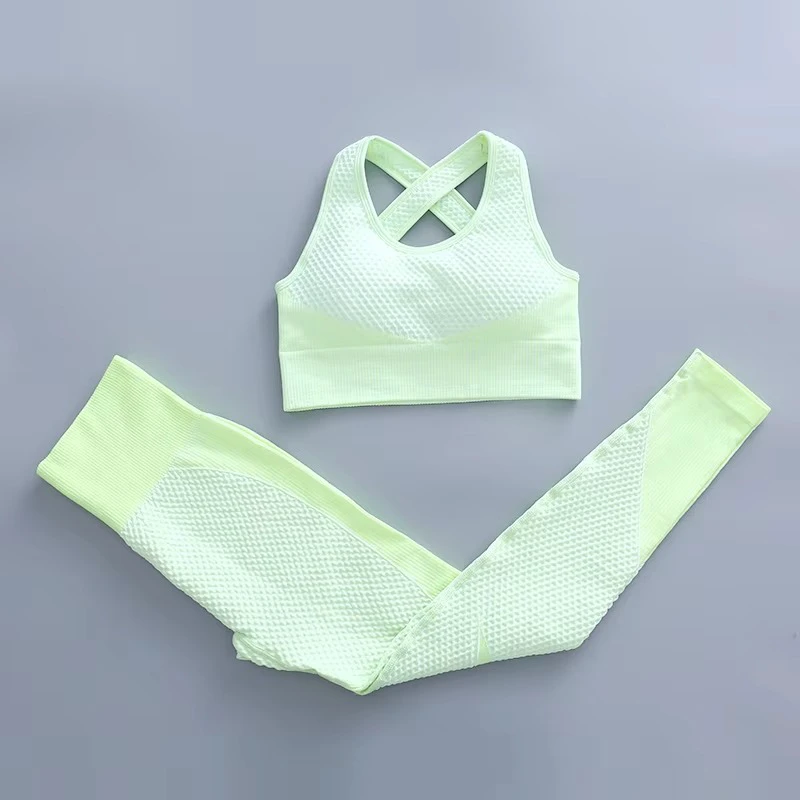 Modern Fit Yoga Set Women 2 Piece Crisscross Strap Crop Top High Waist Full Length Leggings Breathable Mesh Seamless Active Wear