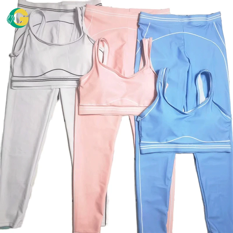 Contrasting V-Neck Two-tone Patchwork Yoga Set High Waist Seamless Leggings and Sports Bra 2 Piece Workout Outfit for Women