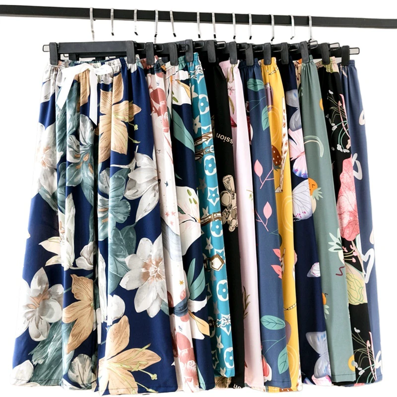 Spring Summer Women Pajama Pants Comfortable Poplin Fabric Thin Loose Home Wear New Lady Printed Casual Wide Leg Pants