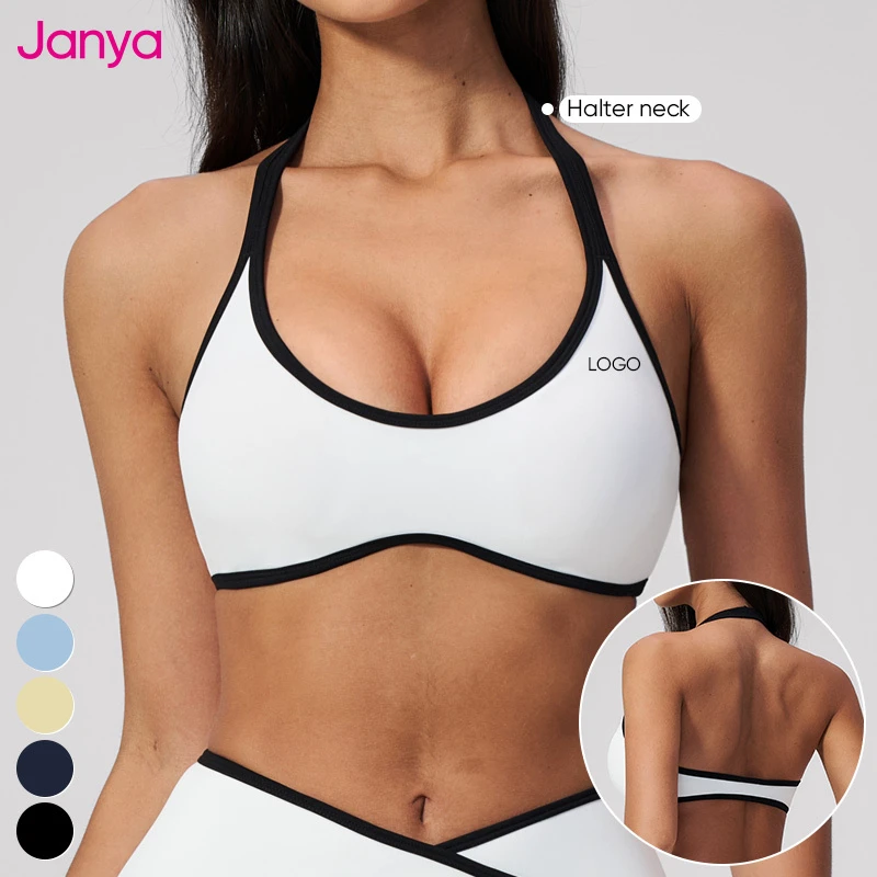 Janya Wholesale Custom Logo Color Blocking Active Yoga Bras Removable Pads Breathable Halter Neck Backless Sports Bra for Women