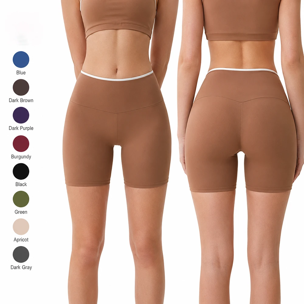 Custom Logo Yoga Shorts Women High Elastic Waist Contrast Color Waistband Fitness Eco-Friendly Slim Fit Gym Wear Athletic Tights