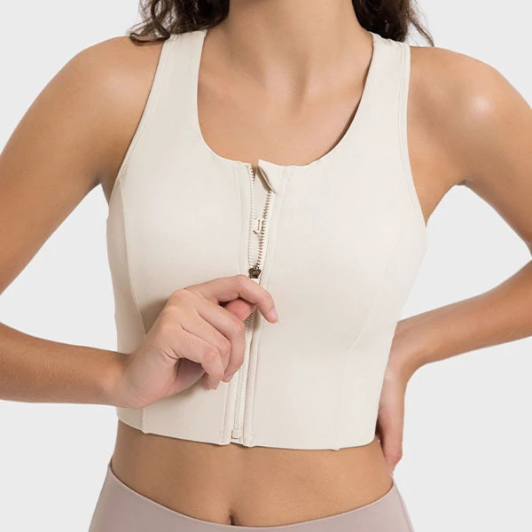 Women's Summer Breathable Comfortable High Impact Built-in Sports Bra Mesh Splice Racer Back Front Zipper Longline Running Bra