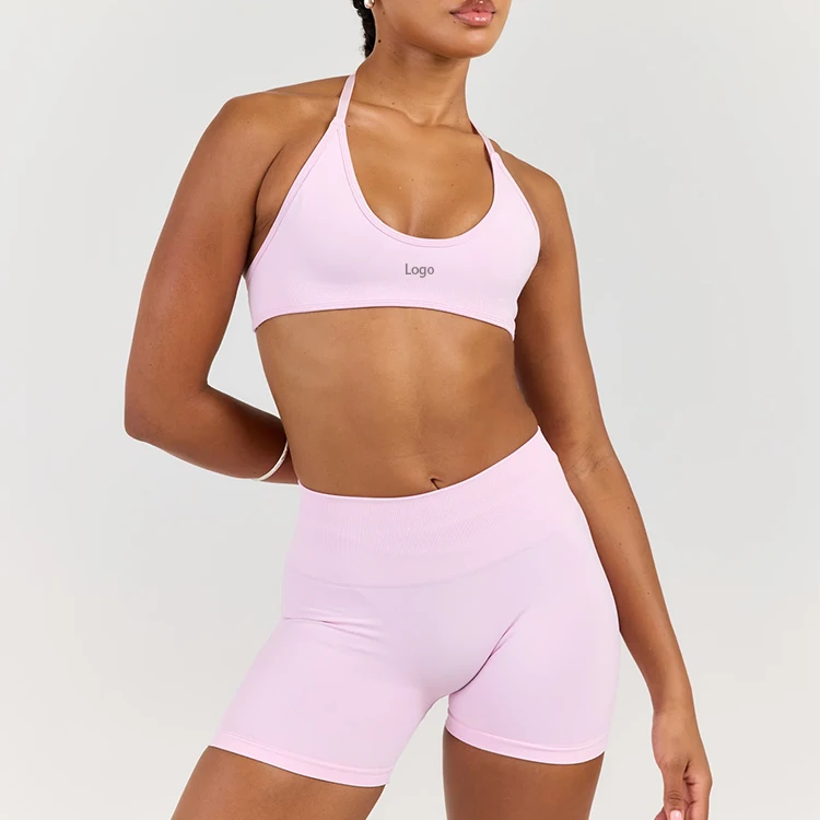 OEM Custom Solid Minimal Adjustable Halter Sexy Deep U Neck Detachable Chest Pad Open Back Women Sports Bra for Daily Exercise