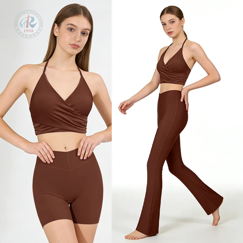 Wholesale Women Flare Pants Yoga Sets Breathable Solid Long Sleeve Pleated Crop Top Tummy Control Wide Leg Leggings Gym Outfits