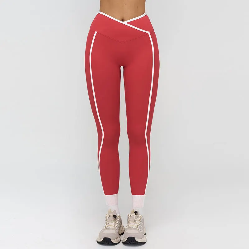 Yoke High Elastic Waist Solid Cross Yoga Leggings for Women-Four-Way Stretch Quick Dry Running Tights