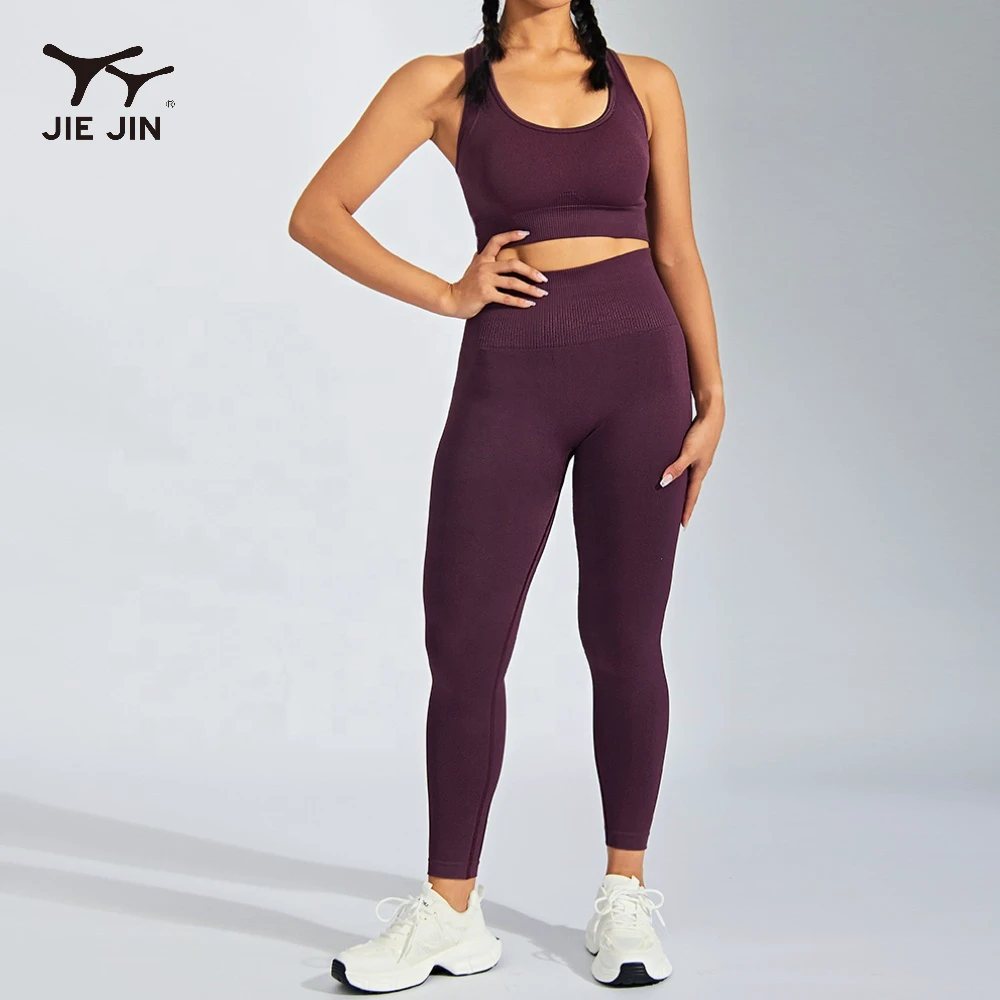 JIEJIN Sexy Back Active Wear Workout Seamless High Quality Seamless Two Piece Yoga Leggings and and Sports Bra Wear Set