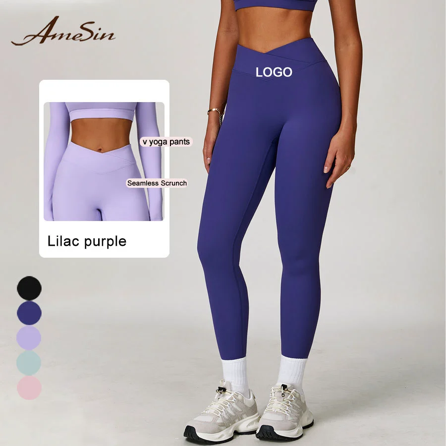 Women V Shape Cross Waist Athletic Yoga Pants Activewear Fitness Sports Training Seamless Scrunch Leggings V Crossover Gym Yoga