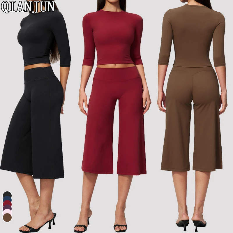 Wholesale New Women Gym Fitness Yoga 2 Piece Mid Sleeve Top Wide Leg Capri Pants Soft Stretchy Sportswear for Outdoor Workout