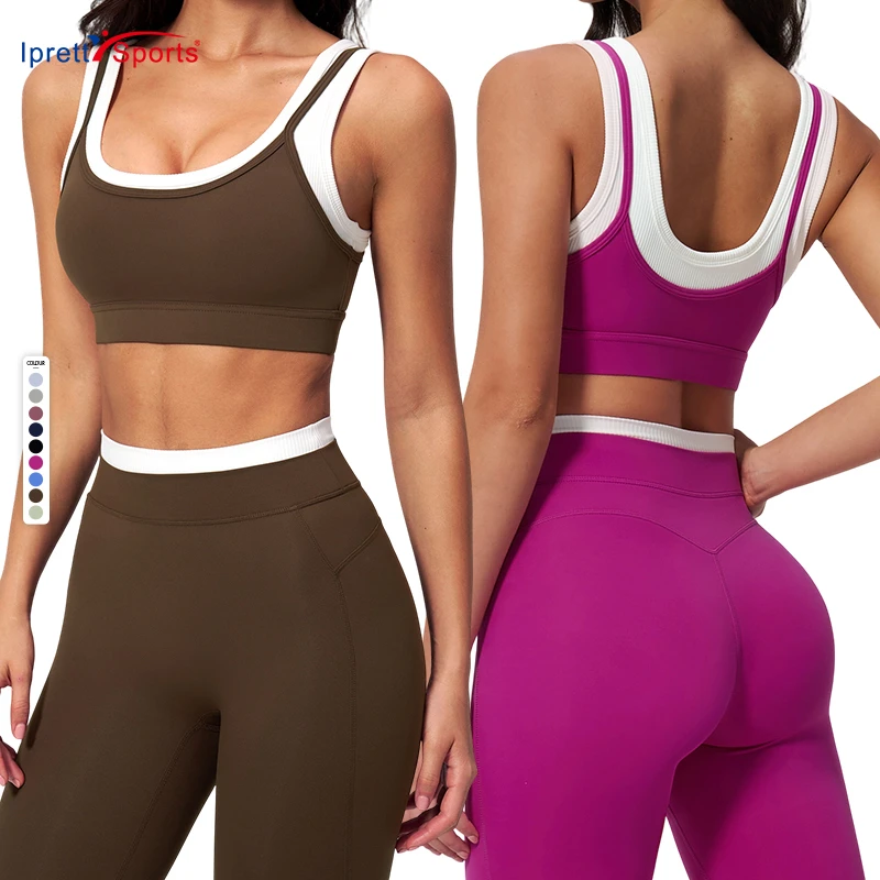 Trendy Women Color Block Faux Two Piece Ribbed Sports Bra Removable Pads Sculpting Yoga Bra for Studio Training