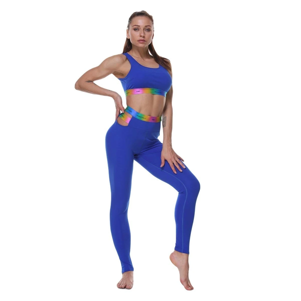 Women Blue Yoga Set Rainbow Elastic Sports Bra and High Waist Leggings Gym Workout Activewear OEM Private Label