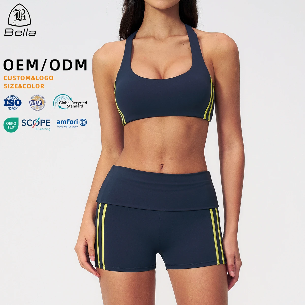 Custom Ropa Deportiva Workout Clothing Color Block Gym Fitness Activewear Women High Waist Gym Shorts Yoga Set