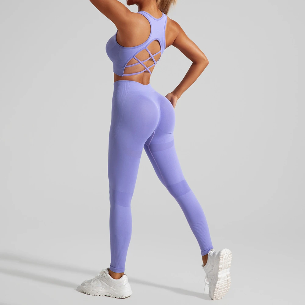 Seamless Yoga Set Two Piece Set Womens Outifits Workout Gym Set Fitness Clothing Tracksuit Backless Crop Top Leggings Sport Suit