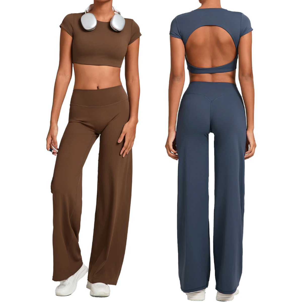 Solid Backless Butt Lifting 2 Piece High Waist Elastic Quick Dry Sports Lightweight Crew Neck Sleeveless Yoga Wear