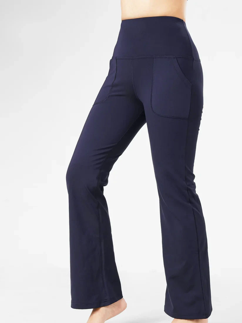 High Waist Flared Leg Yoga Pants With Pockets Solid Color Ankle-Length Stretchy Women's Activewear Pants