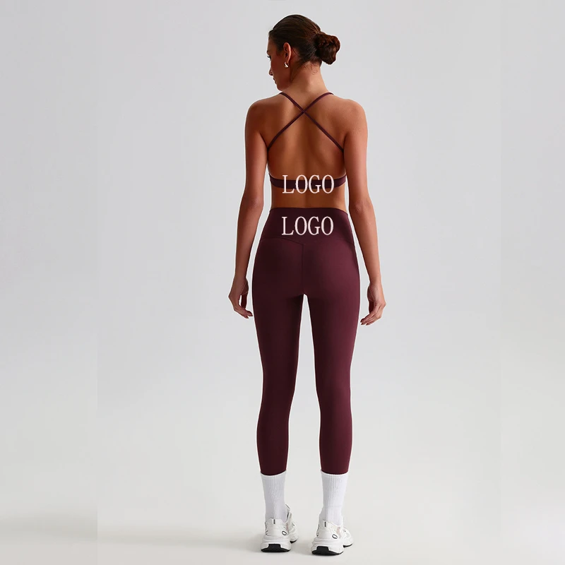 Yoga Set Bra Thin Cross Shoulder Strap High Waist Leggings Clothes Sportswear Training Womens Gym Nylon Wholesale Customized