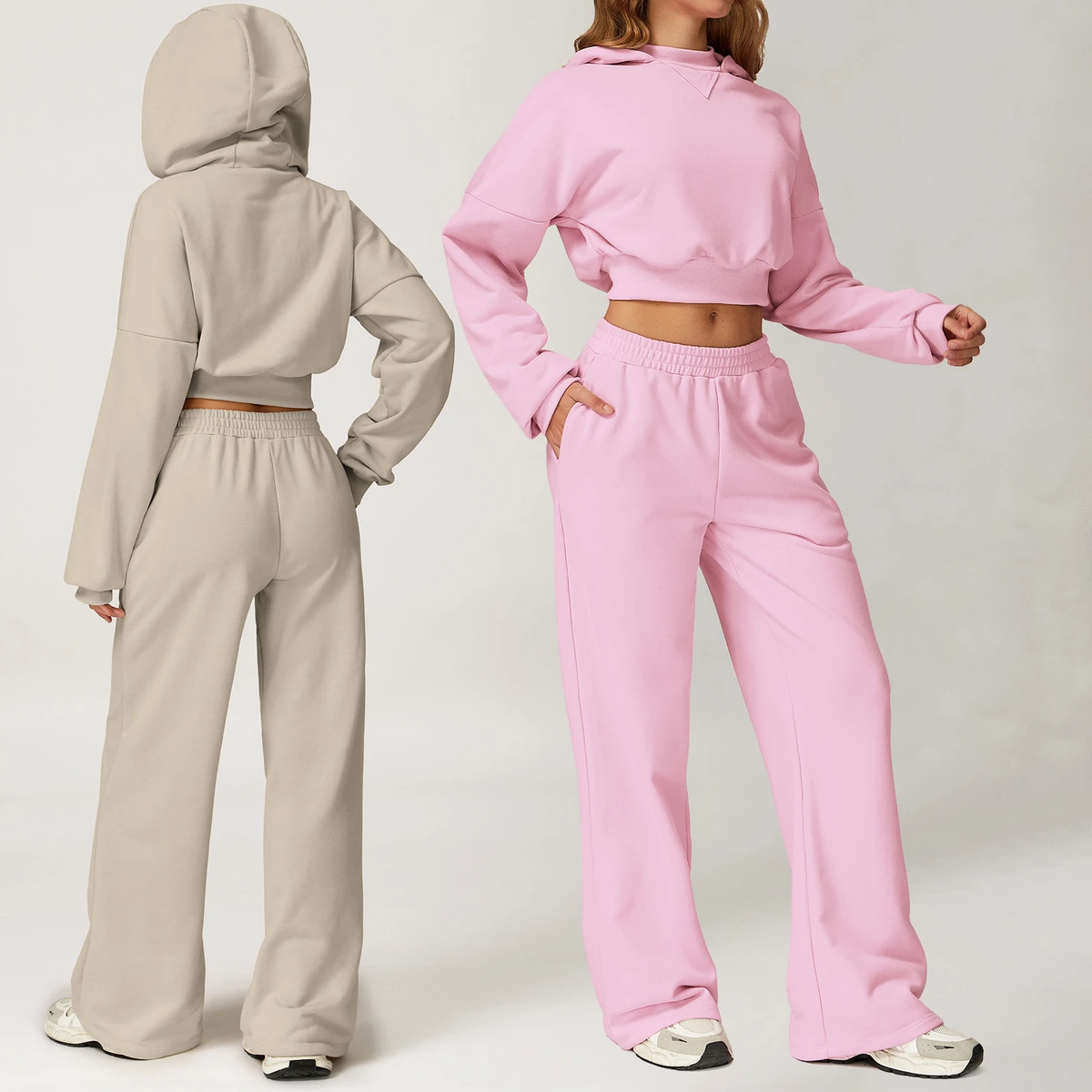 YIYI With Hoodies Long Sleeves Crop Tops Sets for Girls High Waist Sweatpants With Pockets Autumn Sets Women Pullover Tracksuit