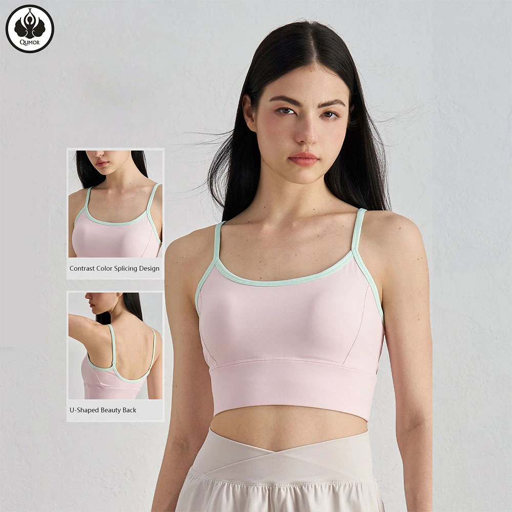 QUMOR Women's Quick Dry Breathable Four-Way Stretch High Support Push-up Backless Round-Neck Sports Bra Front for Running Yoga