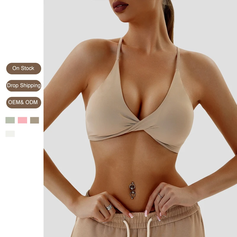 Custom Wholesale Breathable High Support Women's Workout Sports Bra with Cross Straps and Removable Pads