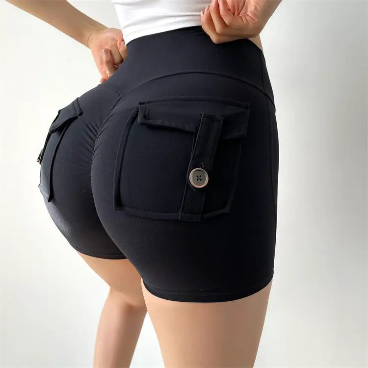 Custom Wholesale Women Breathable Gym Shorts Back Pocket Butt Lifting High Waist Quick Dry Fitness Yoga Shorts High Washed