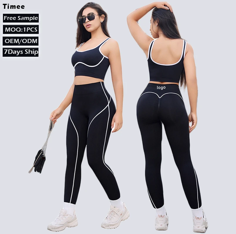 Hot Sale Yoga Set for Women Color-blocked Binding Open-back Bra & High-waist Hip-lifting Leggings Fitness Workout Activewear