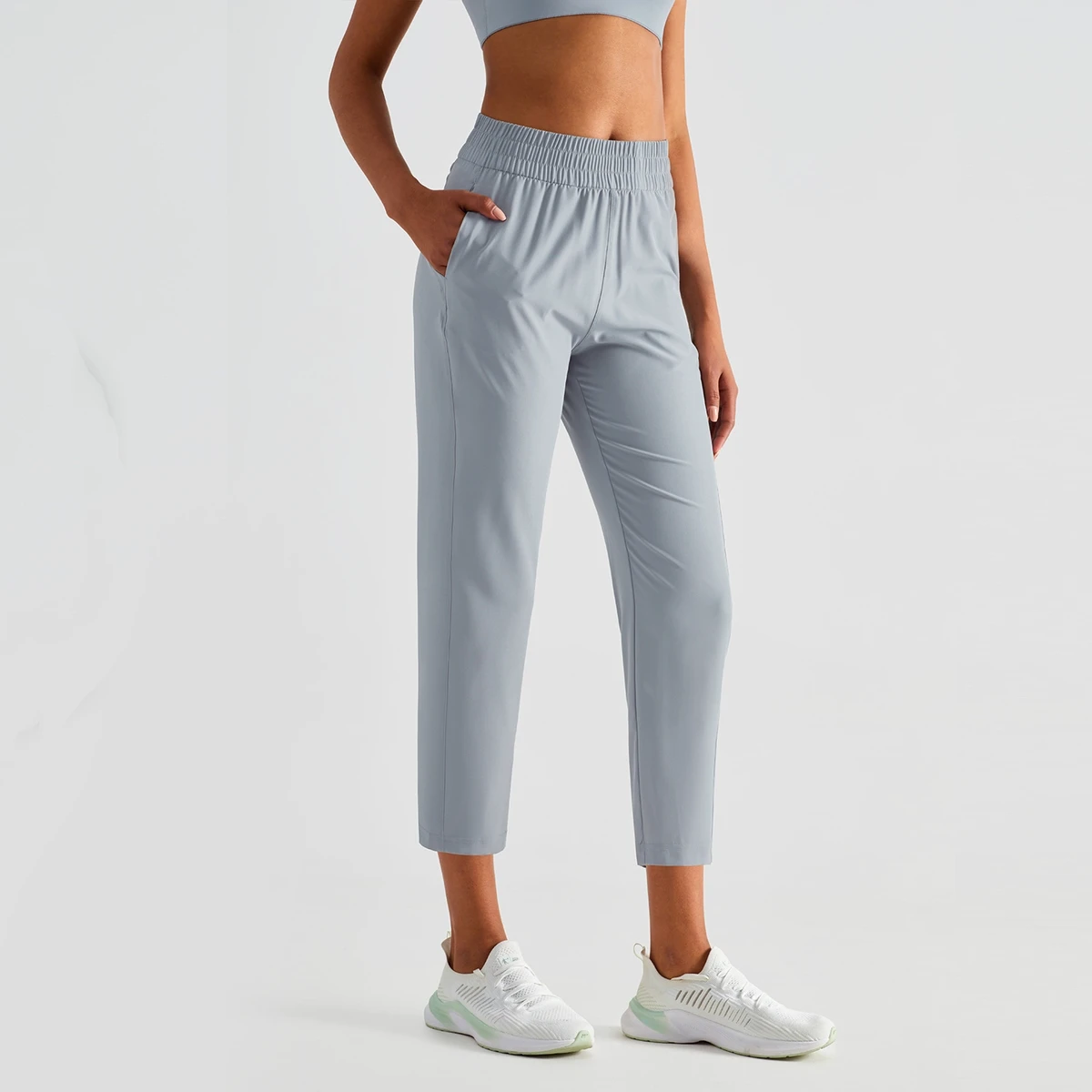 Women's Custom Casual Joggers Pocket Cropped Pants Quick Dry High Waist Wide Leg Fitness Gym Yoga Wear Elastic Waist Solid