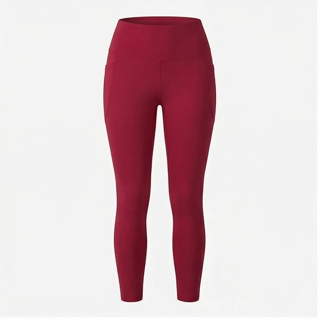 High Waist Ankle-Length Yoga Pants With Pockets Solid Red Seamless Four-Way Stretch Spandex Polyester Women's Leggings