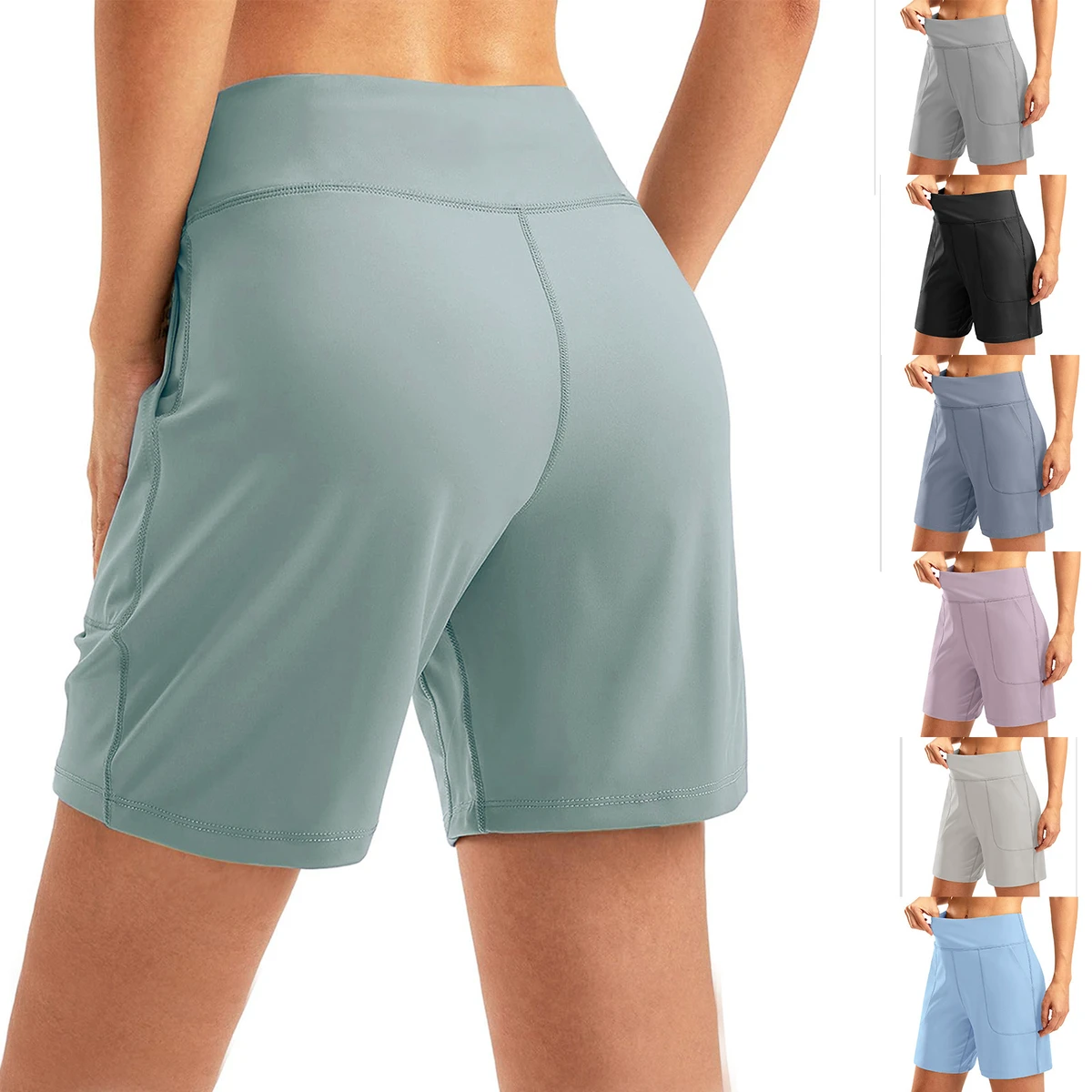 Women's High-Waist Mid-Length Bare Sensation Shorts Summer Fitness Running Yoga Cycling with Thin Pocket Five-Point for Sports