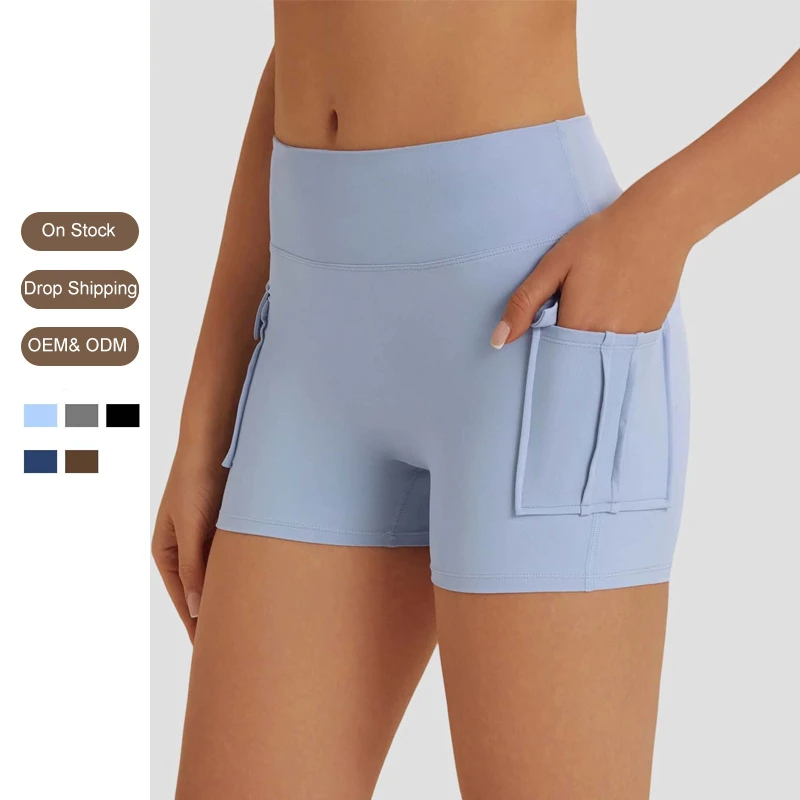 Good Quality Ladies Active Running Pants Plus Size Yoga Tight Trousers with Flap Pocket High Waist Women's Gym Shorts