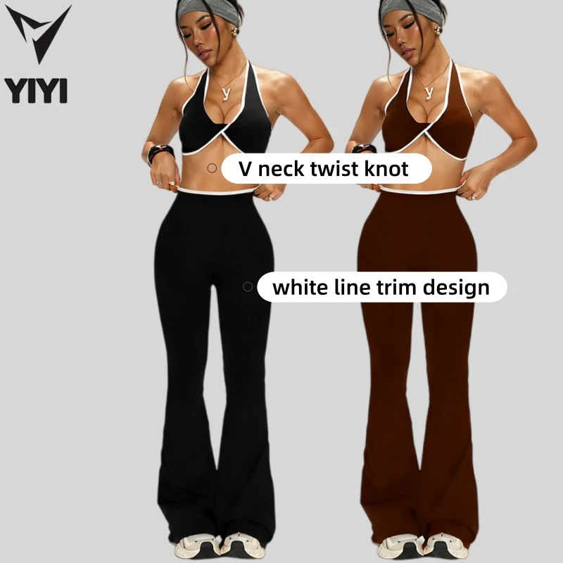 Private Label Yoga Set 2 Piece Clothes Sets V Neck Twist Knot Sexy Bra Matching Slim Flared Pants Gym Running Yoga Fitness Sets