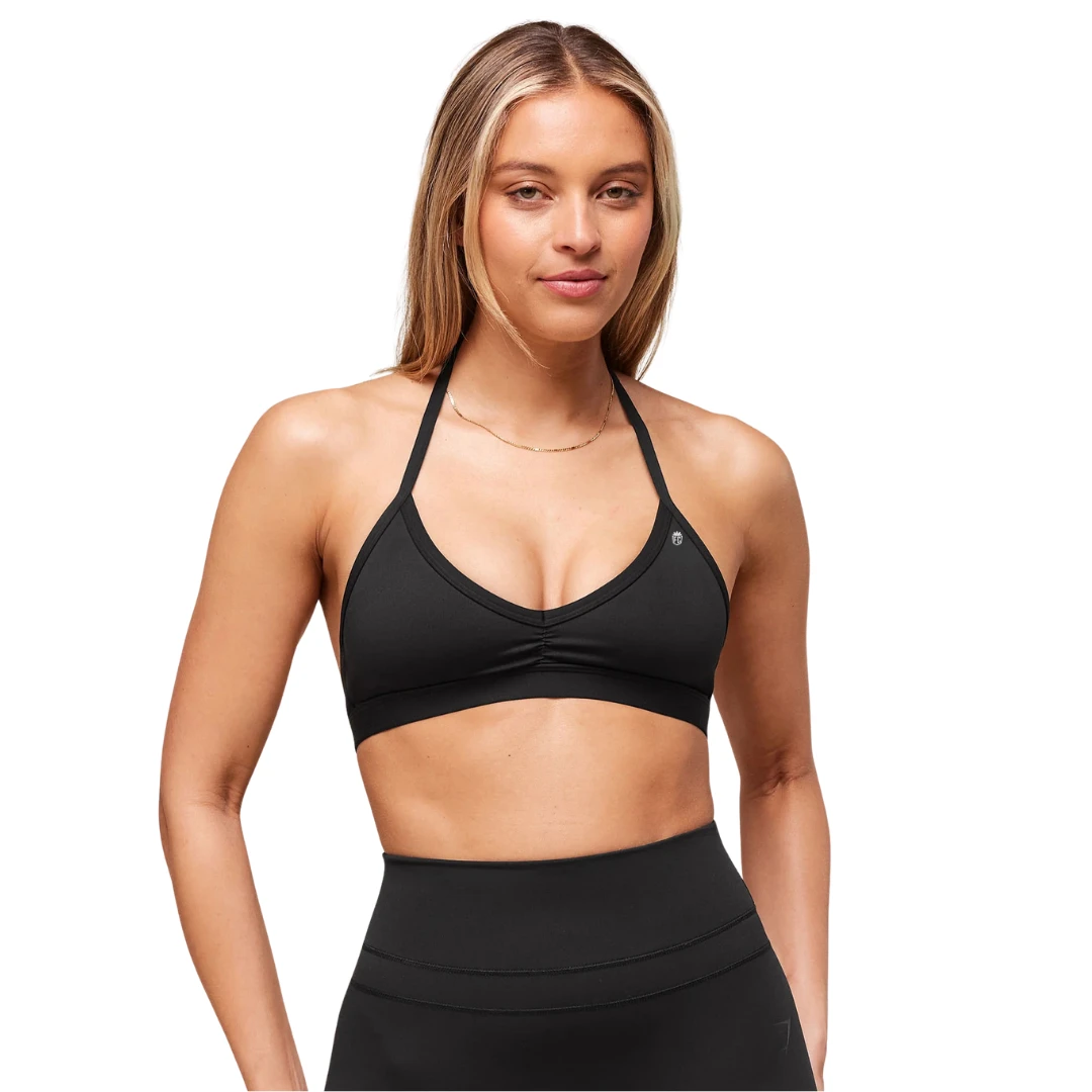 Custom Logo Women Minimal Sports Bra Light Support Nylon Spandex Breathable Strappy Yoga Top Workout Gym Fitness Solid Black