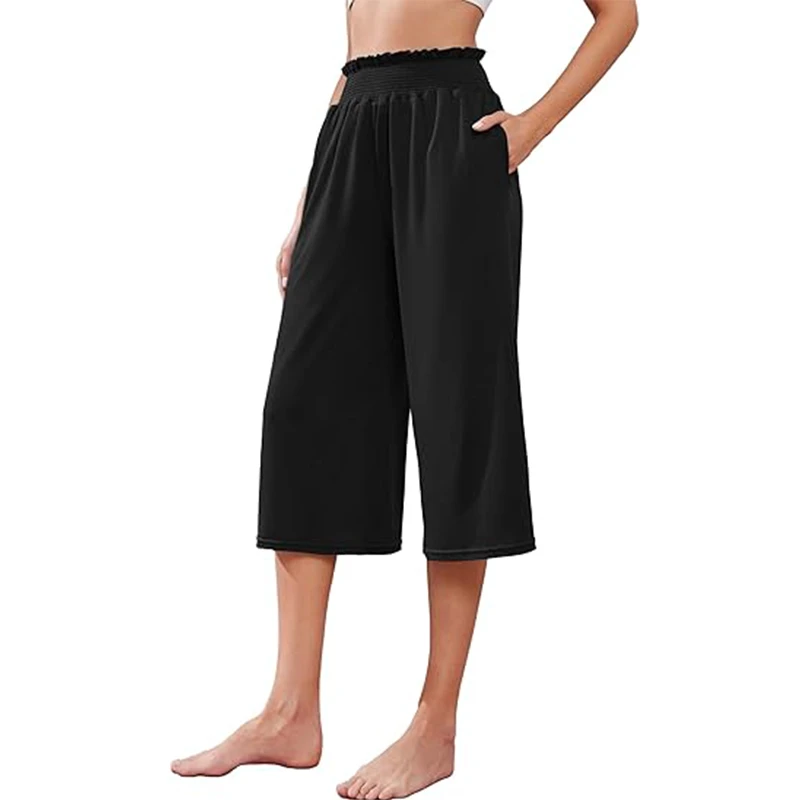 Wide Leg Capri Yoga Pants for Women Elastic Waist Breathable Loose Summer High Rise Cropped Bottom with Pockets