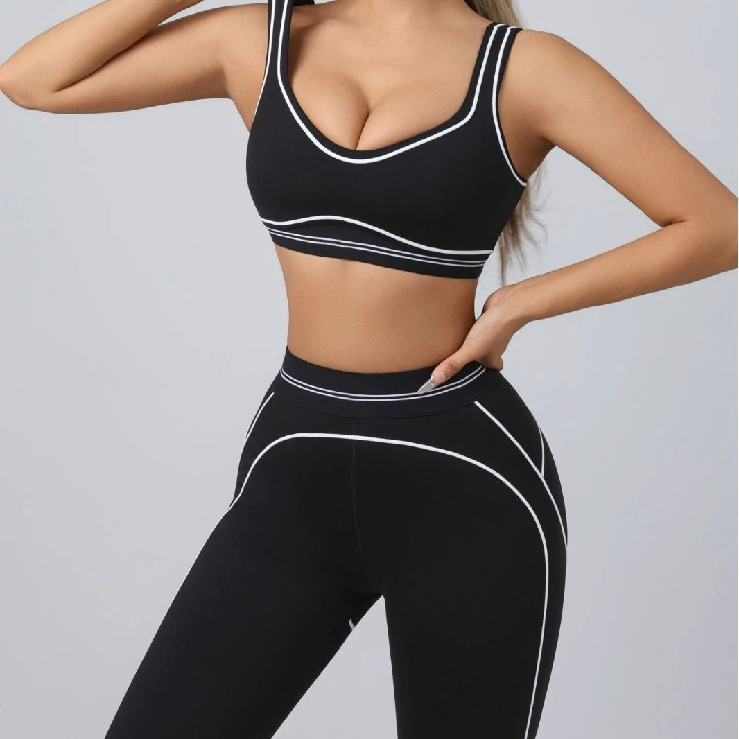 Fashion Yoga Pilates Stretch Striped High Waist Seamless Ribbed Spandex/Nylon High-quality Leggings 2 Piece Set for Women
