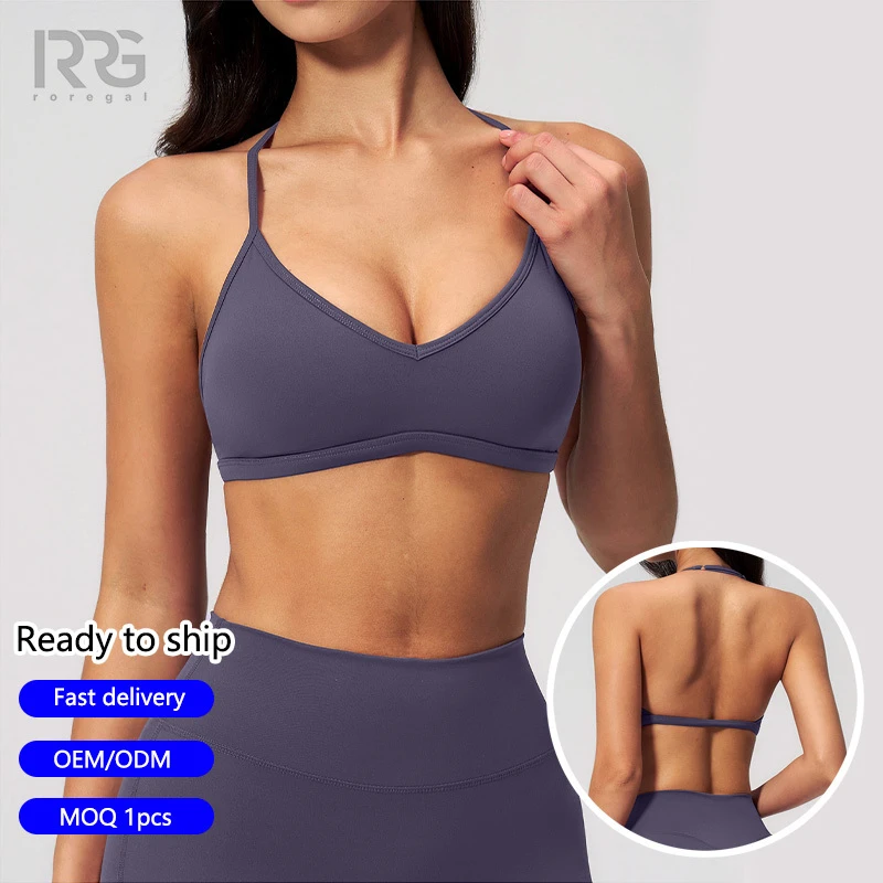 Roregal Women's Adjustable Halter Neck Sports Bra Brushed Quick-Dry Shockproof Yoga Bra for Gym Fitness