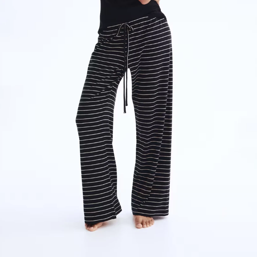 Classic Striped Pattern Women's Straight Leg Cotton Blend Trousers Mid Waist Drawstring Breathable Casual Style Wide Leg Pants