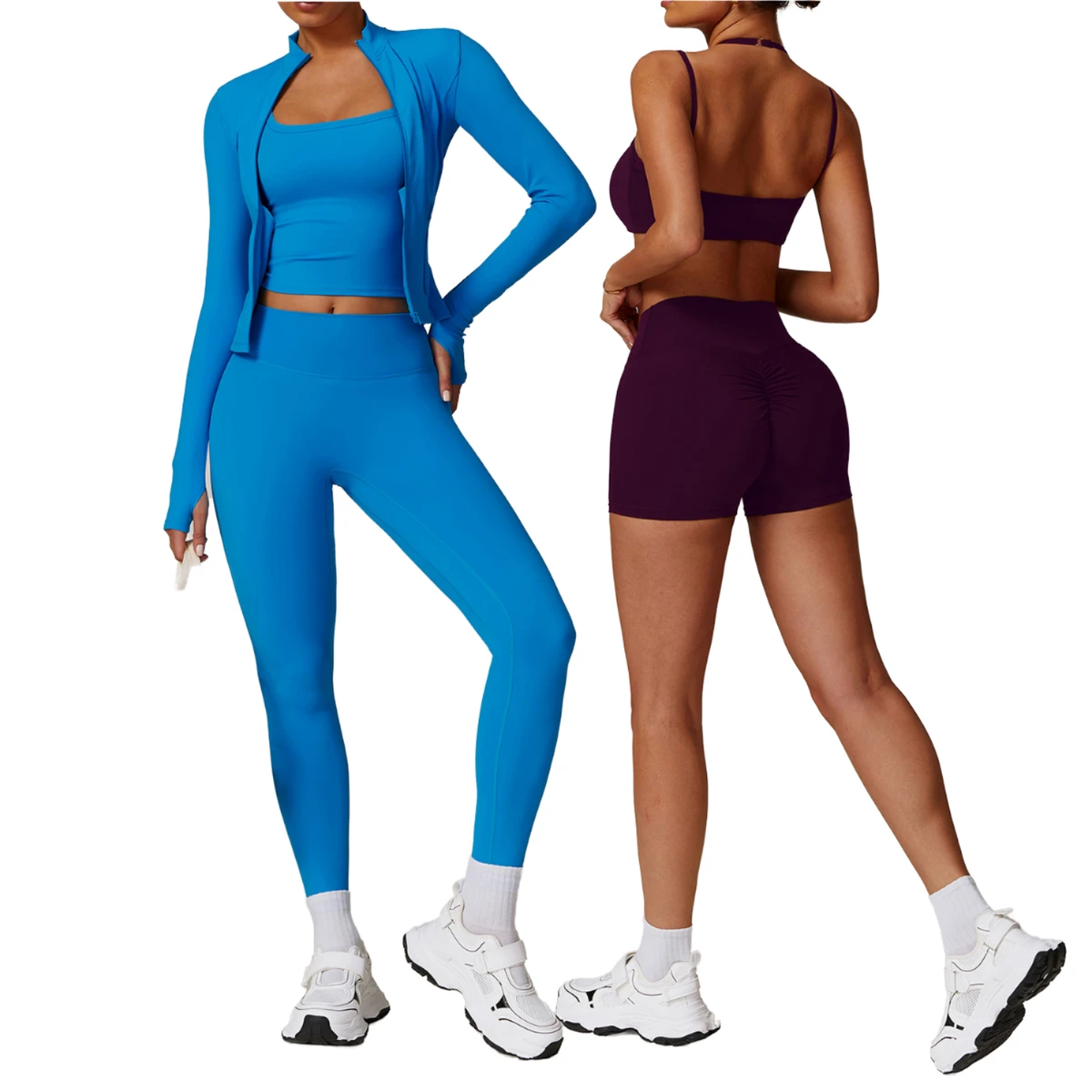 Women's Solid Plus Size 5-Piece Yoga Set Workout Fitness Tummy Compression High Waist Leggings Sports Suit