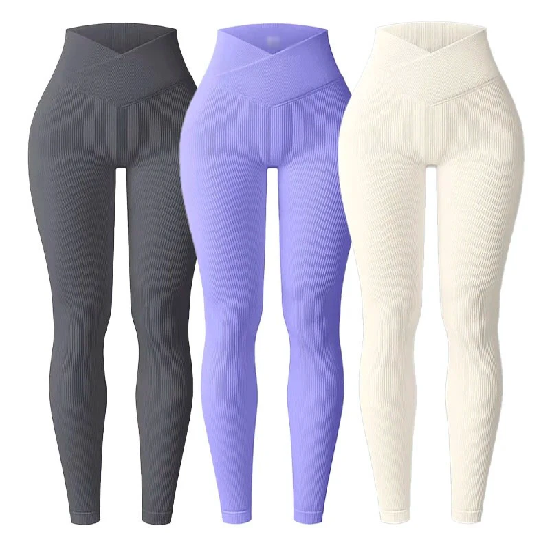 High Waist Ribbed Yoga Leggings Full Length Solid Color Four-Way Stretch Breathable Fitness Pants Women Gym Wear Seamless