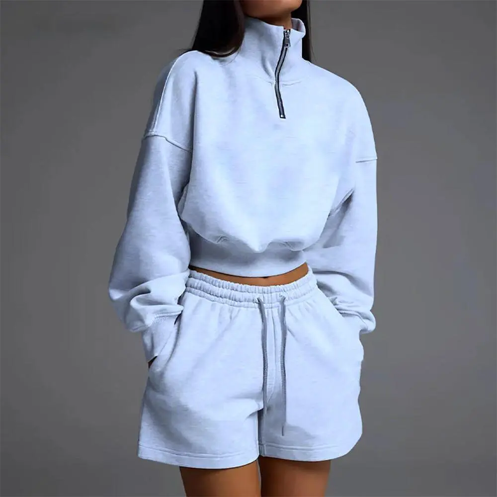 Custom Women's Multi Color Two Piece Set Cropped High Neck Zip Up Top Drawstring Waist Shorts 2 Pieces Set For Girls Women
