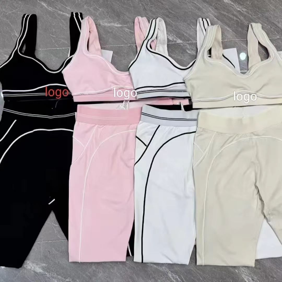 Women's High-quality Yoga Pilates Training Sports Bra Two-piece Set Seamless Skin Friendly Elastic Ribbed Leggings Sweat-Wic...