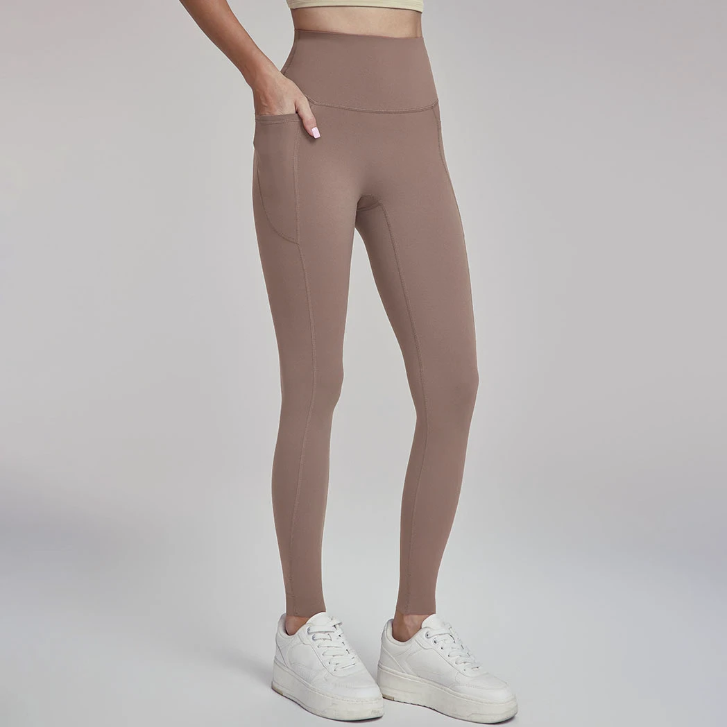 Women's Blank Colors High Waist No Front Seam Side Pockets Athletic Gym Leggings Breathable Fast Dry Skinny Butt Lift Yoga Pants
