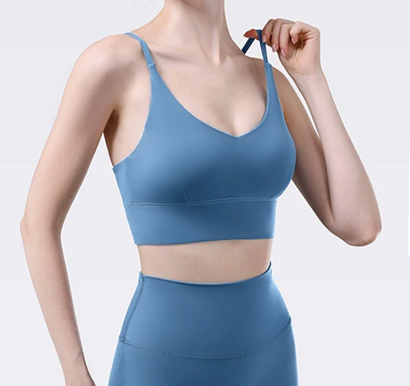 Hot Sale Fashion Womens Deep V-Neck Thin Shoulder Straps Sports Bra with Removable Pads Medium Support Yoga Bra