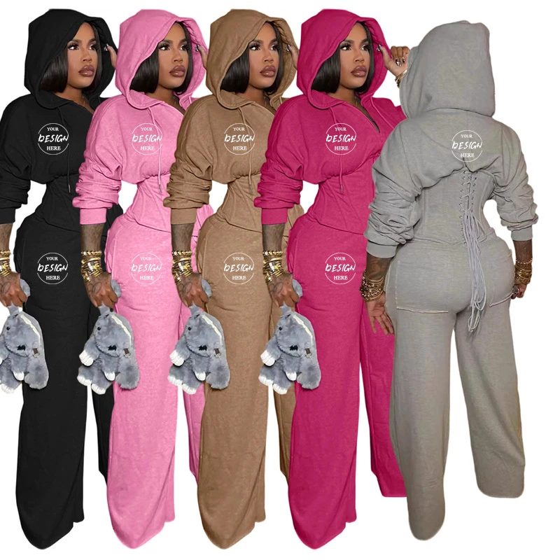2026 New Arrival Custom Logo Women's Hooded Two-piece Pants Set Solid Color Bandage Cinch Waist Top And Drawstring Pants Set