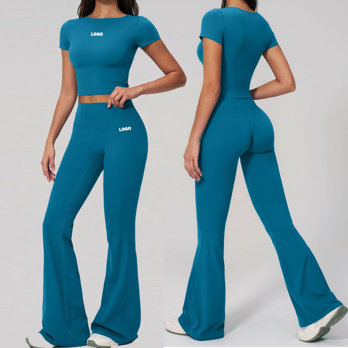 Custom Women's Cropped Tshirts High-Waist Wide Leg Flared Yoga Sports Pants Set Breathable Nylon 2-Piece Set