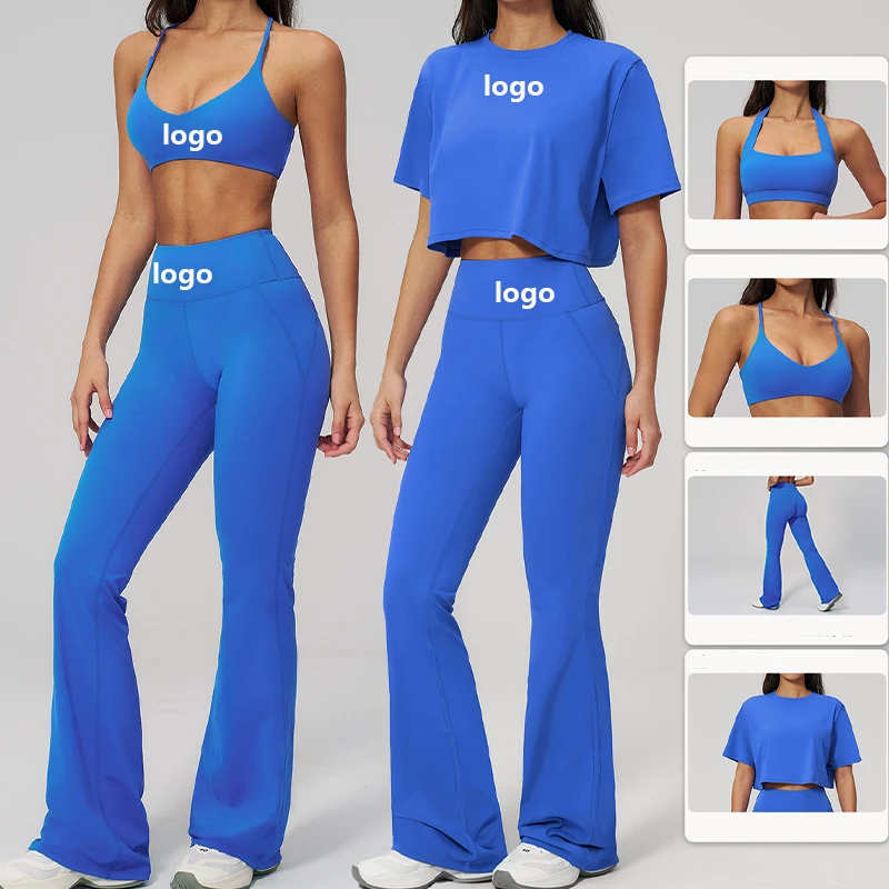 New Yoga Set Women 4-Piece Solid Breathable Fitness Sportswear Yoga Crop Tops High Waist Legging Workout Outfit