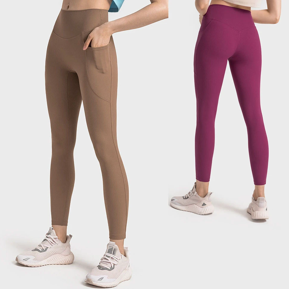 High Waist No Front Seam Slim Fit Ribbed Yoga Pants Back V Stitching Side Phone Pockets Stretchy Women's Gym Leggings 2025