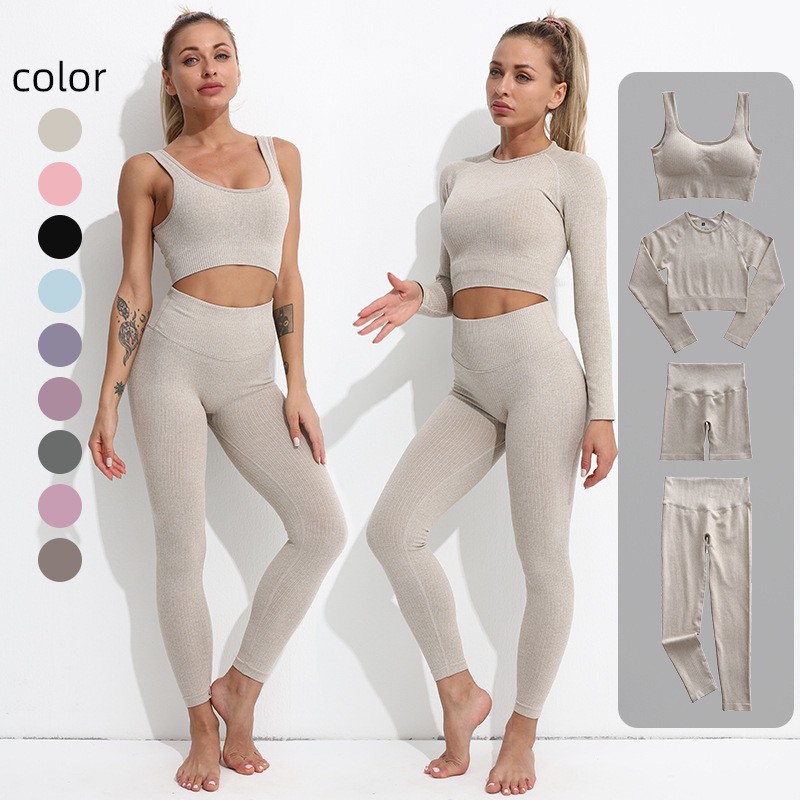 Custom 2022 New Arrival Women Butt Lifting 4pcs Seamless Yoga Set Sportswear High Elasticity Crop Top Leggings Gym Workout Set