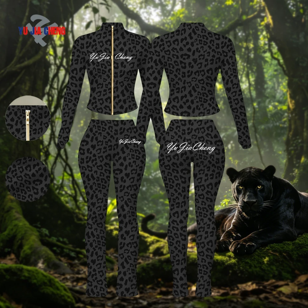 Cheetah Print Two Piece Set Gold Zipper Tracksuits Custom Outfits 2 Piece Fitness Leopard Zip up Yoga Top and Leggings Set Women