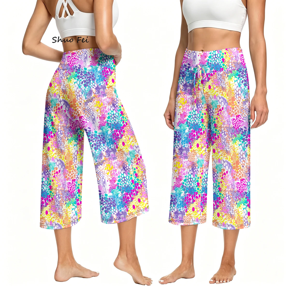 Women Abstract Leopard Print Crop Pants High Waisted Yoga Capri Trousers With Drawstring Colorful Wide Leg Summer Workout Wear