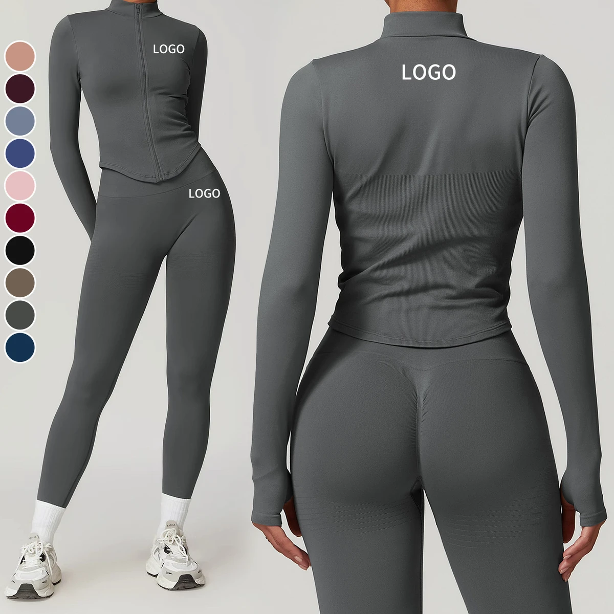 Custom Front Seamless Yoga Set Women's Long Sleeve Lightweight Breathable Zipper Jacket High Waist Leggings Outdoor Running