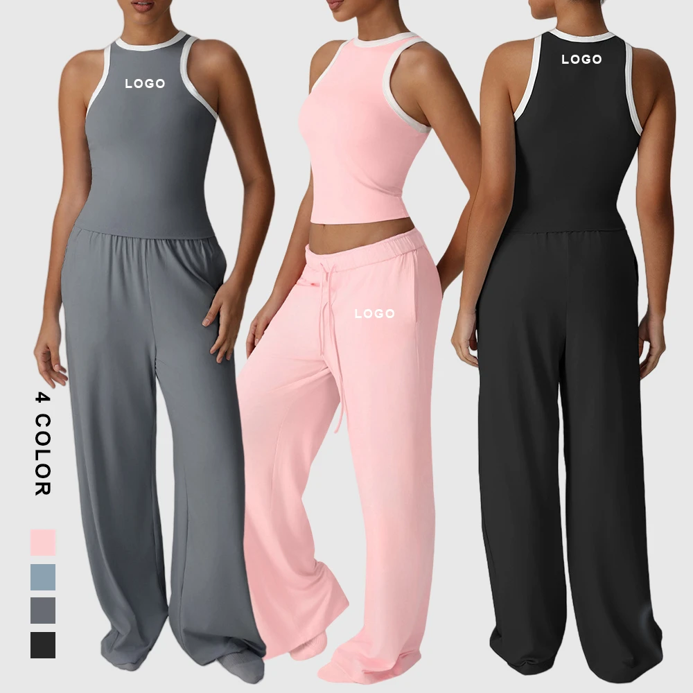 Custom Logo Sleeveless Sports Vest Crop Top Yoga Suit Set Comfort Running Flare Pants Outdoor Gym Fitness Wear for Women