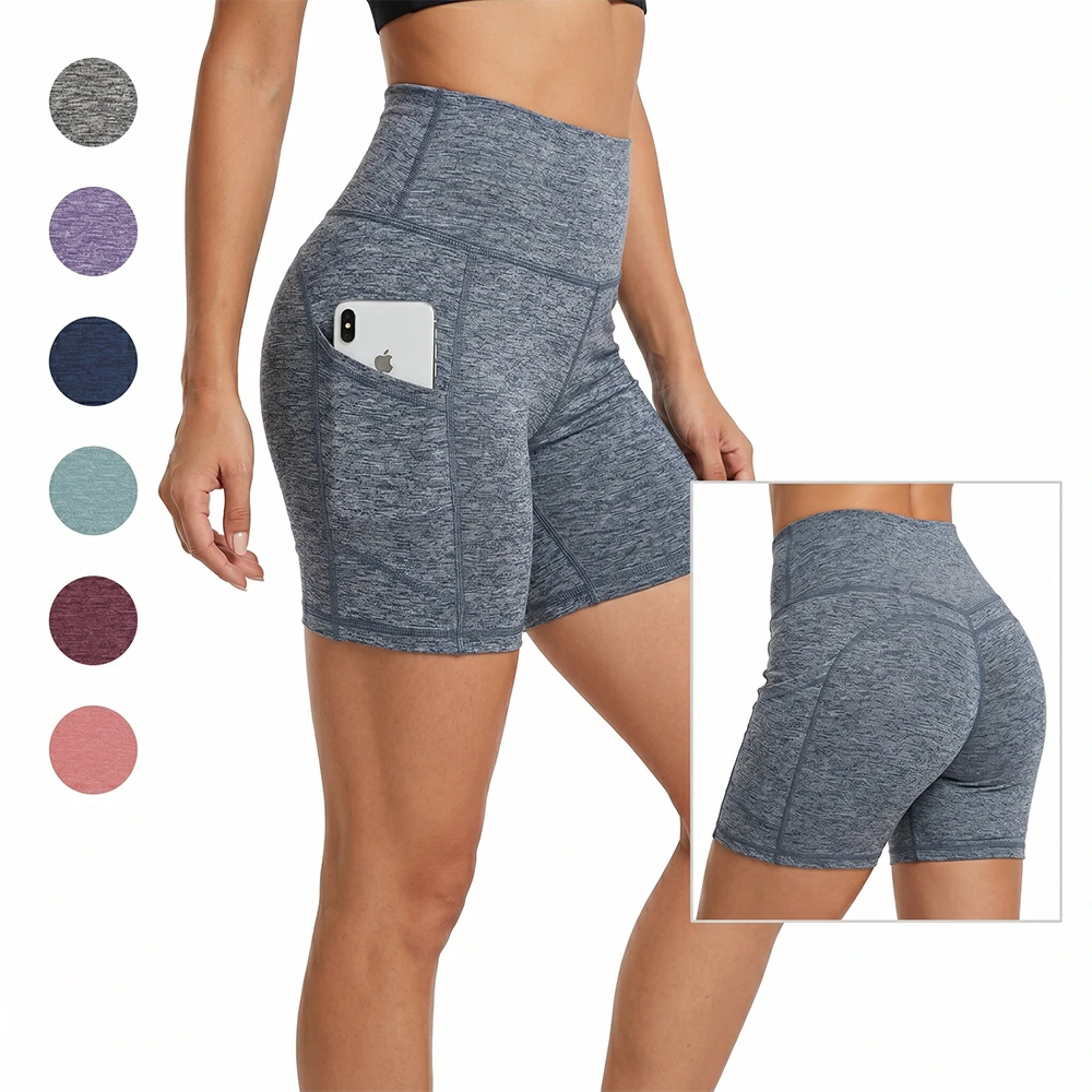 Sexy Space Dye Yoga Shorts Side Pockets Women Booty Lifting Gym Workout Biker Shorts High Waist Tummy Control Running Tights